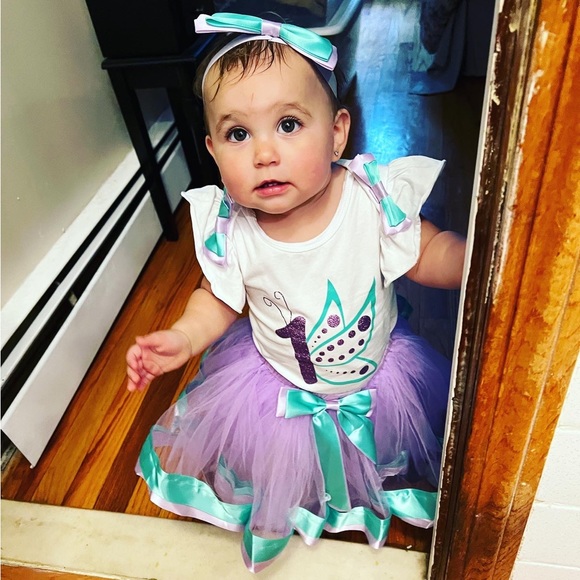 One year old girl butterfly birthday outfit tutu purple teal 12 month - Picture 8 of 8